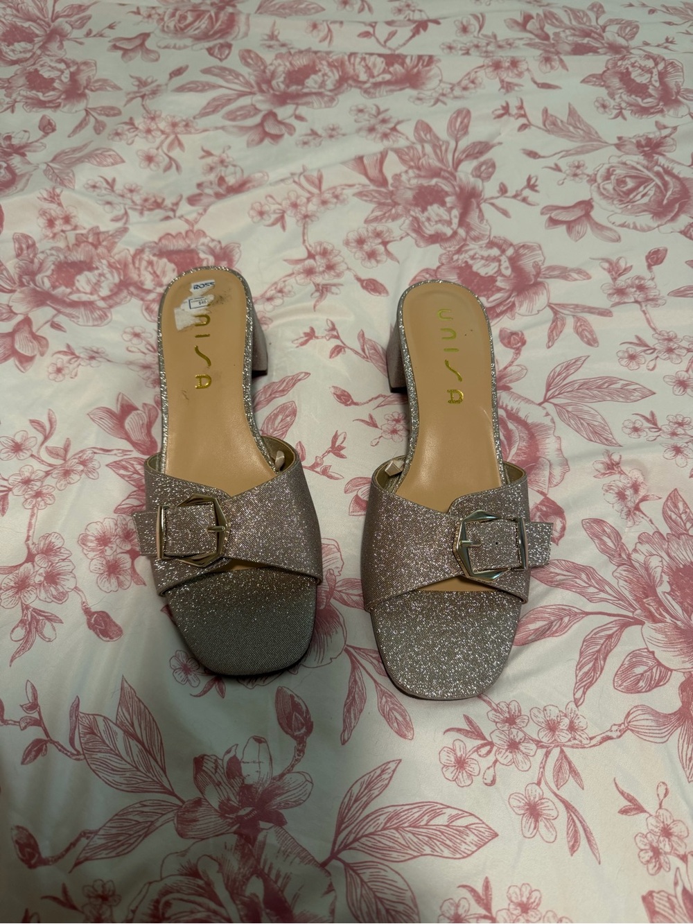 Unisa Glitter Buckle Slide Sandals in Pink Gold